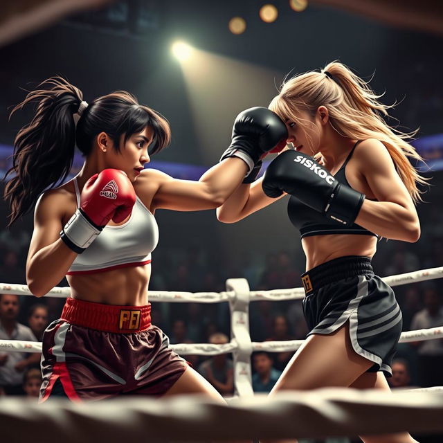 A dynamic and action-packed scene featuring two female boxers in an intense match inside a boxing ring