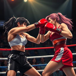 A dynamic and action-packed scene featuring two female boxers in an intense match inside a boxing ring
