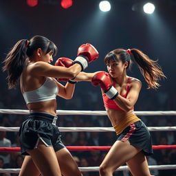 A dynamic and action-packed scene featuring two female boxers in an intense match inside a boxing ring