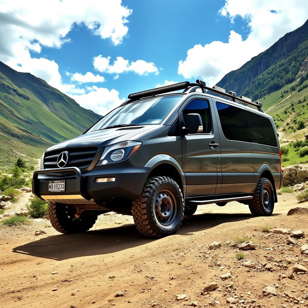 A rugged Mercedes Vito van designed for offroad adventures, showcasing its powerful stance on uneven terrain