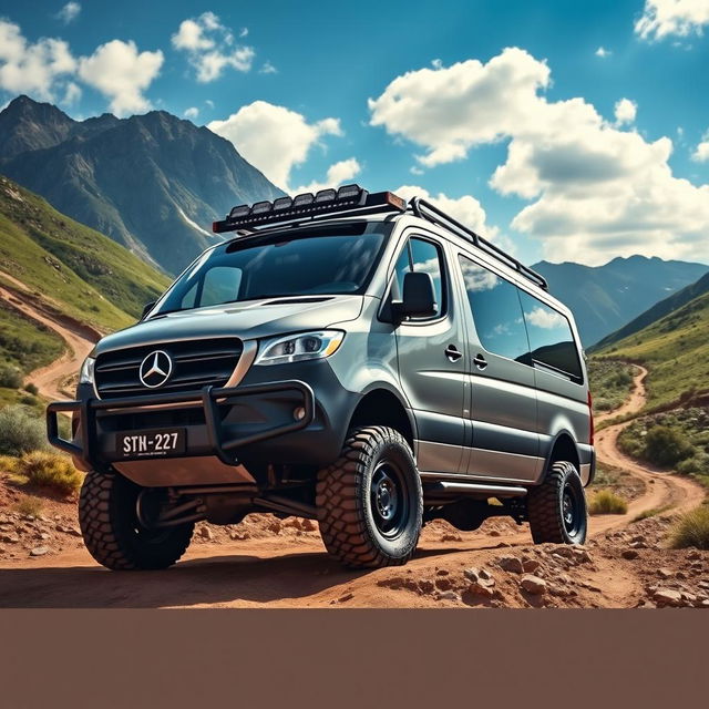 A rugged Mercedes Vito van designed for offroad adventures, showcasing its powerful stance on uneven terrain