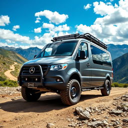 A rugged Mercedes Vito van designed for offroad adventures, showcasing its powerful stance on uneven terrain