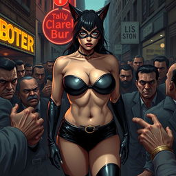 A sad and terrified real looking busty catwoman in a strapless bikini, showcasing her big breasts and prominent cleavage, along with her voluptuous round ass and sexy long legs