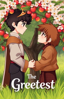 A romantic scene of two boys holding hands in front of an apple tree, looking into each other's eyes