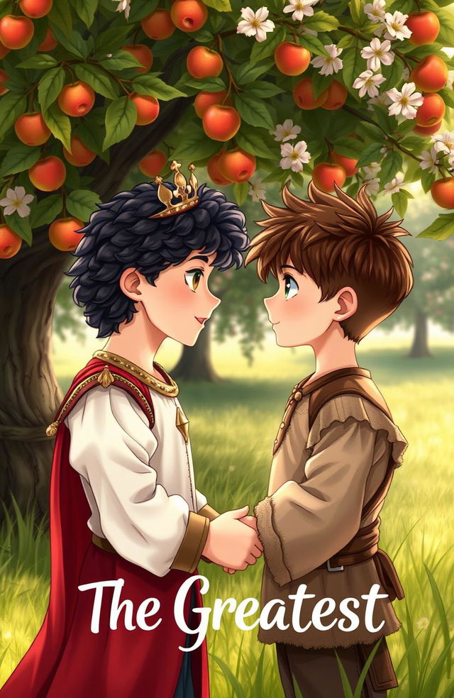 A romantic scene of two boys holding hands in front of an apple tree, looking into each other's eyes