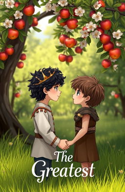 A romantic scene of two boys holding hands in front of an apple tree, looking into each other's eyes