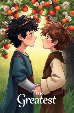 A romantic scene of two boys holding hands in front of an apple tree, looking into each other's eyes