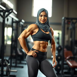A muscular woman in a stylish hijab, showcasing impressive bodybuilding physique