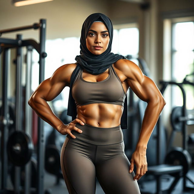 A muscular woman in a stylish hijab, showcasing impressive bodybuilding physique