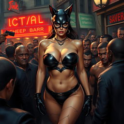 A real looking busty catwoman in a strapless bikini, accentuating her big breasts and cleavage, along with her voluptuous round ass and sexy long legs