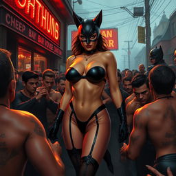 A real looking busty catwoman in a strapless bikini, accentuating her big breasts and cleavage, along with her voluptuous round ass and sexy long legs