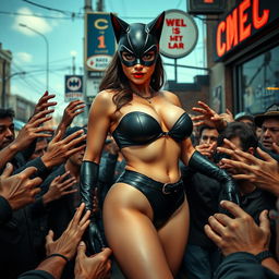 A real looking busty catwoman in a strapless bikini, emphasizing her big breasts and cleavage, along with her voluptuous round ass and sexy legs