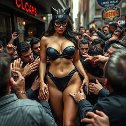 A real looking busty catwoman in a strapless bikini, emphasizing her big breasts and cleavage, along with her voluptuous round ass and sexy legs
