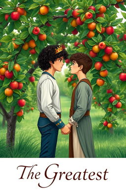 A romantic scene in a lush orchard featuring a young prince and a commoner standing hand in hand in front of a beautiful apple tree