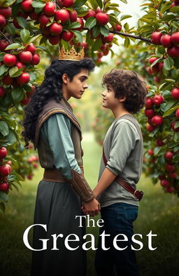 A romantic scene in a lush orchard featuring a young prince and a commoner standing hand in hand in front of a beautiful apple tree