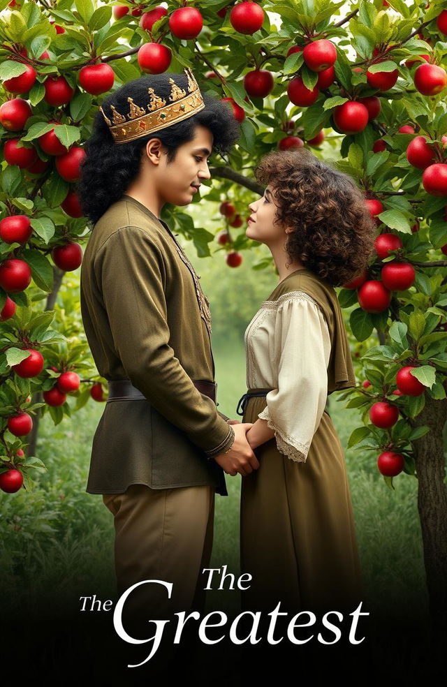 A romantic scene in a lush orchard featuring a young prince and a commoner standing hand in hand in front of a beautiful apple tree