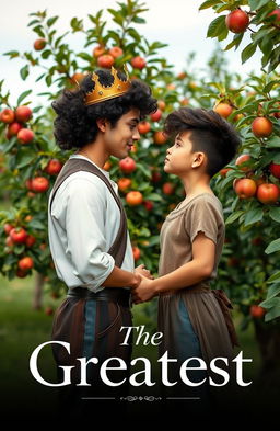 A romantic scene in a lush orchard featuring a young prince and a commoner standing hand in hand in front of a beautiful apple tree