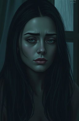 A portrait that embodies the emotion of regret, featuring a woman with an expression of sorrow and introspection