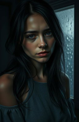 A portrait that embodies the emotion of regret, featuring a woman with an expression of sorrow and introspection
