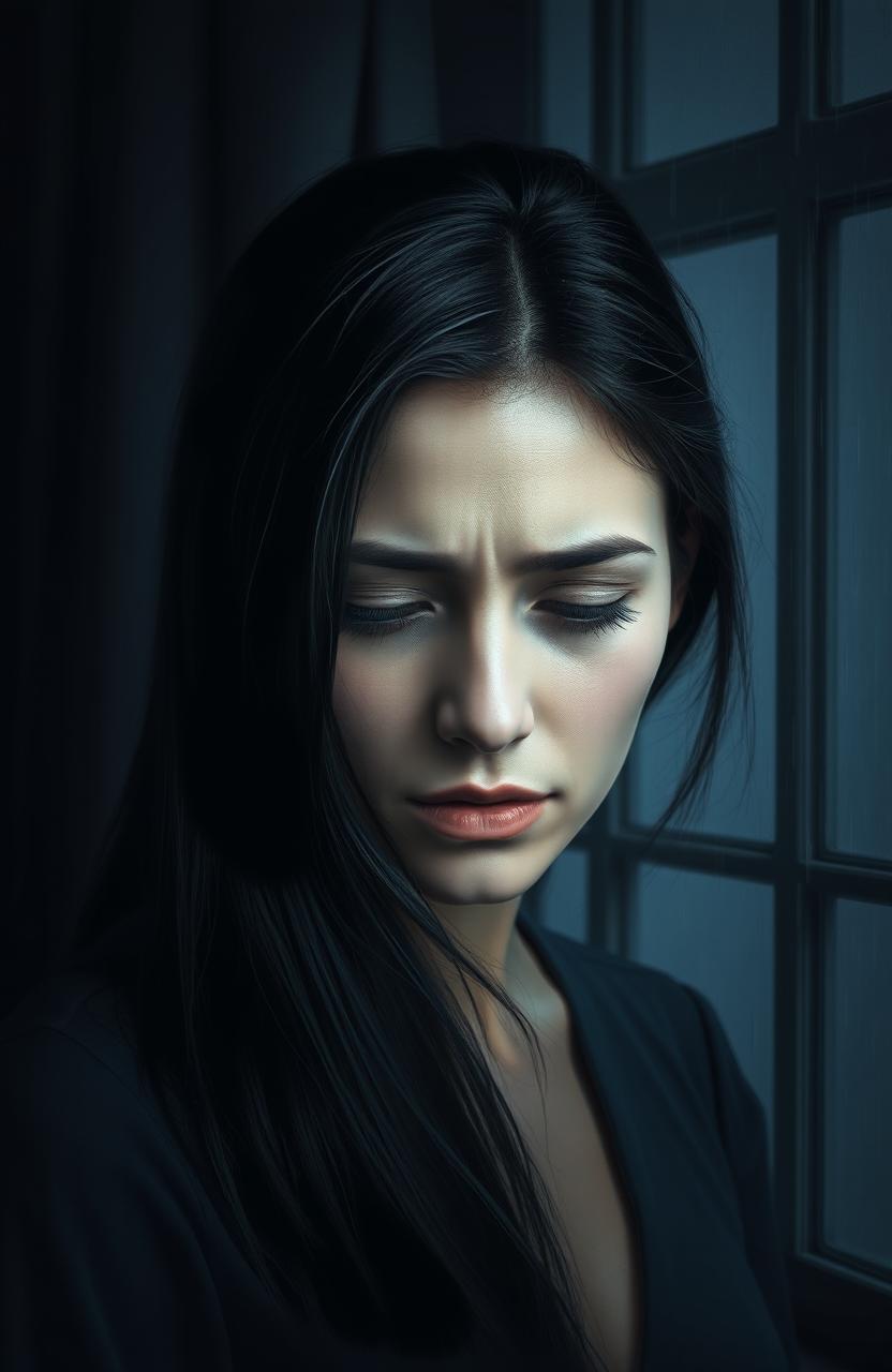 A portrait that embodies the emotion of regret, featuring a woman with an expression of sorrow and introspection