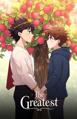 An anime-style illustration of a couple of two boys standing hand in hand in front of an apple tree, gazing lovingly at each other