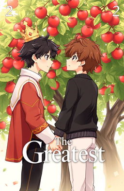 An anime-style illustration of a couple of two boys standing hand in hand in front of an apple tree, gazing lovingly at each other
