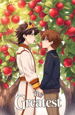 An anime-style illustration of a couple of two boys standing hand in hand in front of an apple tree, gazing lovingly at each other
