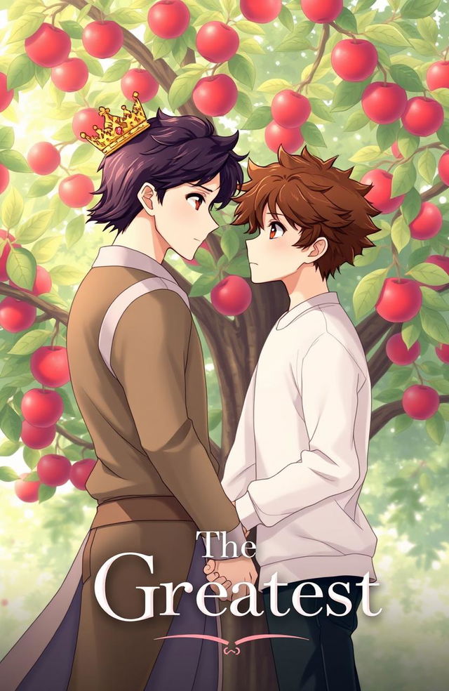 An anime-style illustration of a couple of two boys standing hand in hand in front of an apple tree, gazing lovingly at each other