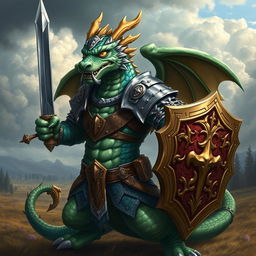 A fierce and majestic anthropomorphic dragon soldier, dressed in intricate medieval armor, wielding a sword and shield
