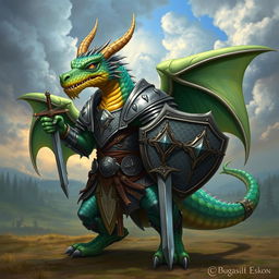 A fierce and majestic anthropomorphic dragon soldier, dressed in intricate medieval armor, wielding a sword and shield