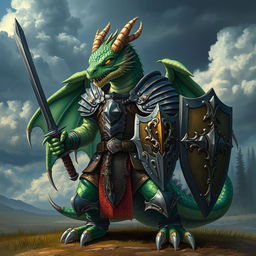 A fierce and majestic anthropomorphic dragon soldier, dressed in intricate medieval armor, wielding a sword and shield