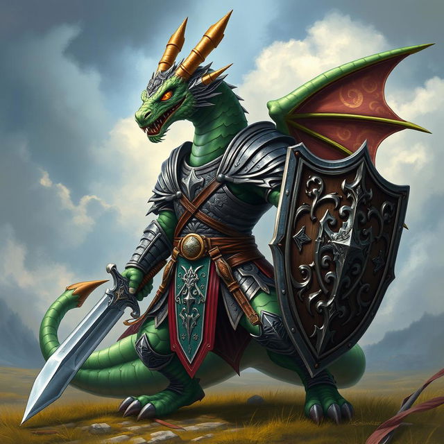 A fierce and majestic anthropomorphic dragon soldier, dressed in intricate medieval armor, wielding a sword and shield