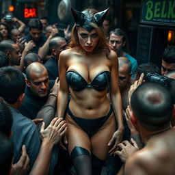 A sad and terrified real looking busty catwoman in a strapless bikini, highlighting her big breasts and cleavage, along with her voluptuous round ass and sexy long legs