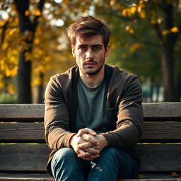 A portrait of a remorseful and sad man reflecting on his past, sitting on a weathered wooden bench in a park