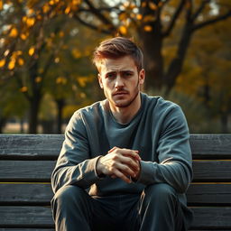 A portrait of a remorseful and sad man reflecting on his past, sitting on a weathered wooden bench in a park