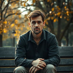 A portrait of a remorseful and sad man reflecting on his past, sitting on a weathered wooden bench in a park