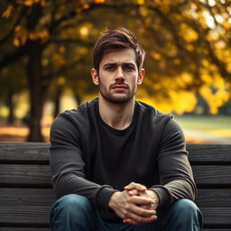 A portrait of a remorseful and sad man reflecting on his past, sitting on a weathered wooden bench in a park