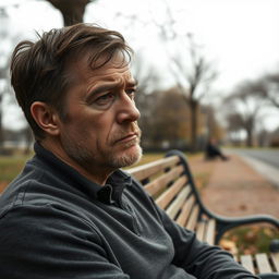 A portrait of a remorseful and sad man reflecting on his past, seated alone on a park bench under a grey, overcast sky