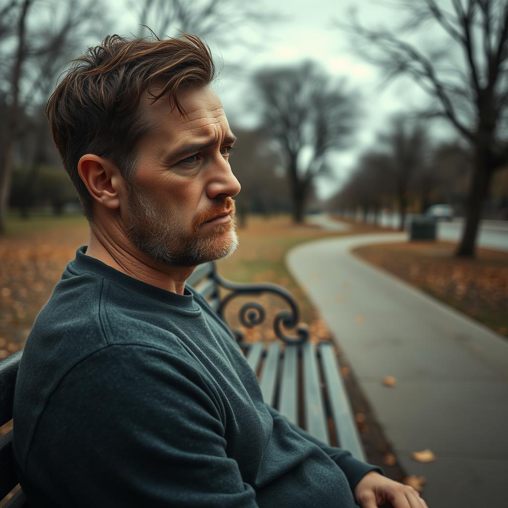 A portrait of a remorseful and sad man reflecting on his past, seated alone on a park bench under a grey, overcast sky