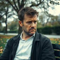 A portrait of a remorseful and sad man reflecting on his past, seated alone on a park bench under a grey, overcast sky