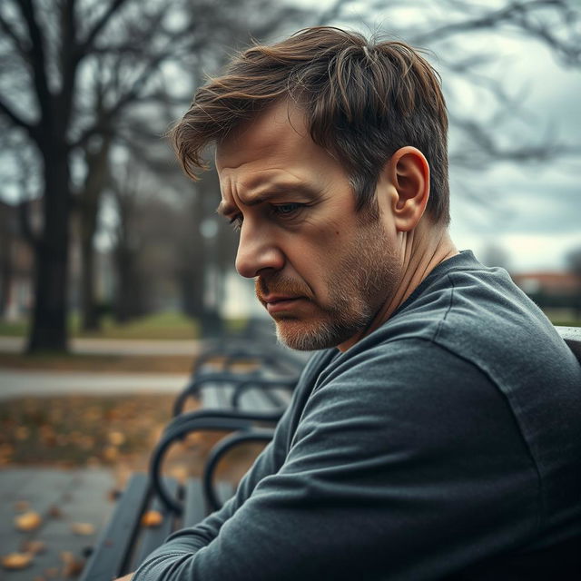 A portrait of a remorseful and sad man reflecting on his past, seated alone on a park bench under a grey, overcast sky