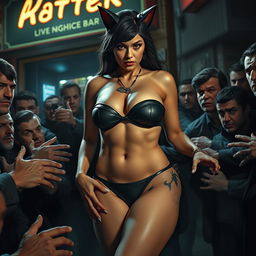 A sad and terrified real looking busty catwoman wearing a strapless bikini, showcasing her big ass and voluptuous figure