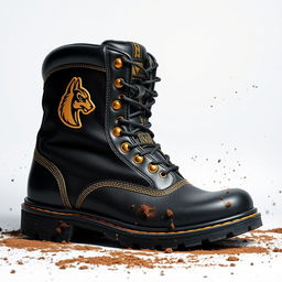 A pair of black and gold steel-toe work boots featuring a distinctive cocker head logo prominently displayed