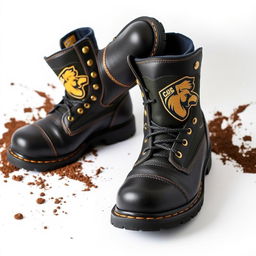 A pair of black and gold steel-toe work boots featuring a distinctive cocker head logo prominently displayed