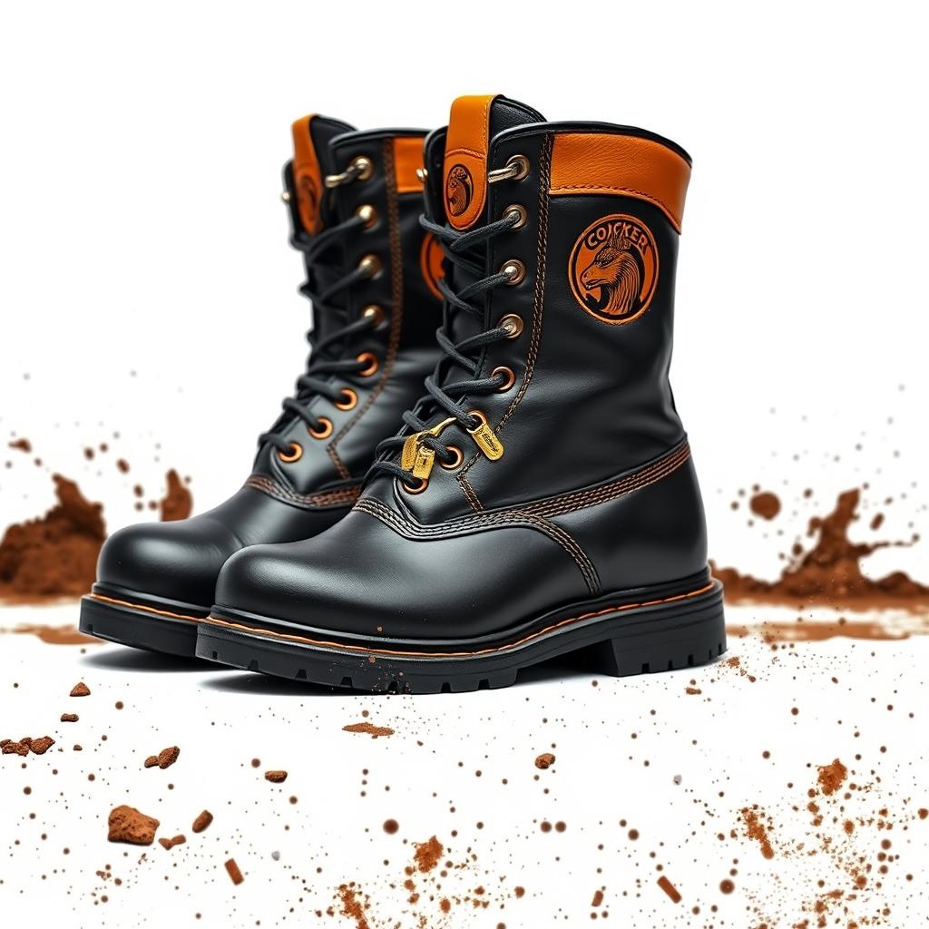 A pair of black and gold steel-toe work boots featuring a distinctive cocker head logo prominently displayed