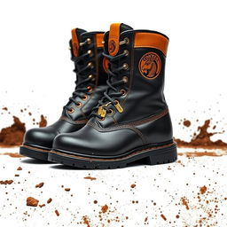 A pair of black and gold steel-toe work boots featuring a distinctive cocker head logo prominently displayed