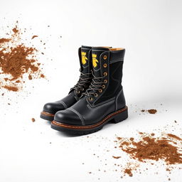 A pair of black and gold steel-toe work boots featuring a distinctive cocker head logo prominently displayed