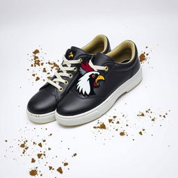 A pair of light black and gold steel-toe sneakers featuring a striking cocker head logo prominently displayed