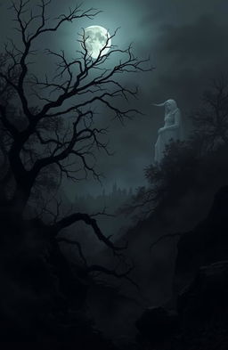 A foreboding landscape shrouded in darkness, with swirling mist and shadowy trees silhouetted against a faintly glowing moon