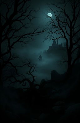 A foreboding landscape shrouded in darkness, with swirling mist and shadowy trees silhouetted against a faintly glowing moon